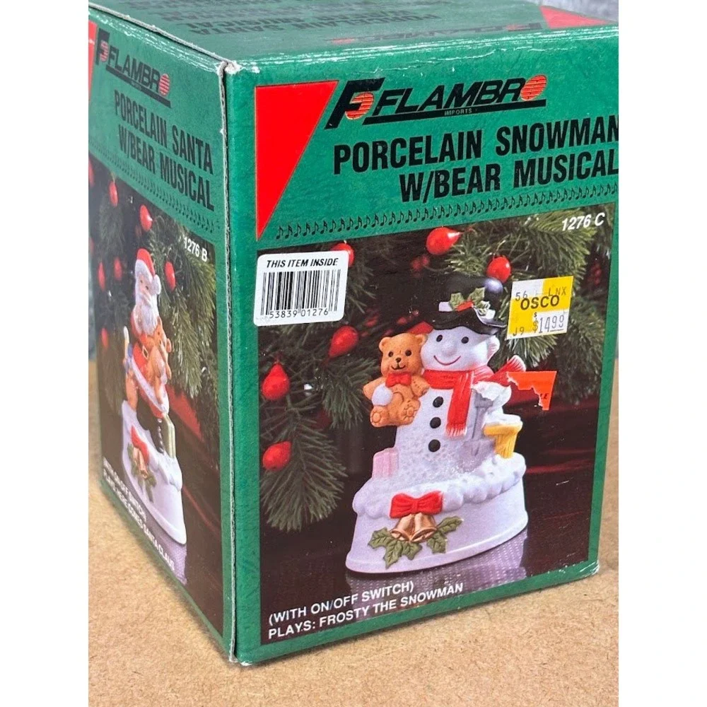 Vintage Flambro Porcelain Snowman w/ Bear Musical Music Box Frosty The Snowman